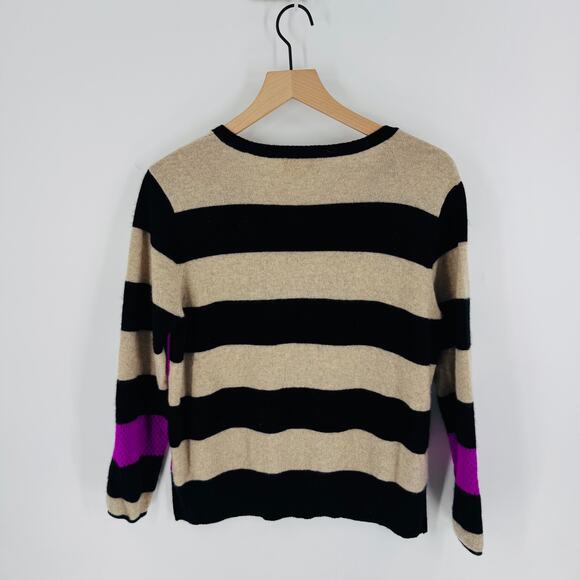 Lord & Taylor Cashmere Sweater L Black Tan Striped VNeck Purple Cuff Elbow Patch - Picture 2 of 7